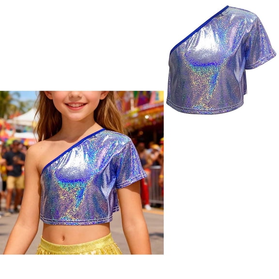 Kids Girls Boys One-Shoulder Cropped Top Sparkly Metallic Shiny Y2K Top Latin Jazz Hi Hop Dance Performing 9-10 Years
