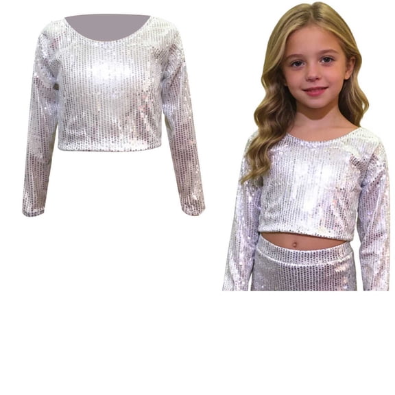 Kids Girls Boys Sequins Glitter Patch Cropped Top Long Sleeve Dance Tops Ballet Latin Jazz Dance Performance 3-10 Years