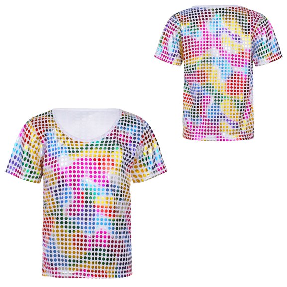 Kids Girls Boys Sequins Glitter Patch Short Sleeves Dance T-Shirt Belly Hop Jazz Performance Dance Oufits 4-5 Years