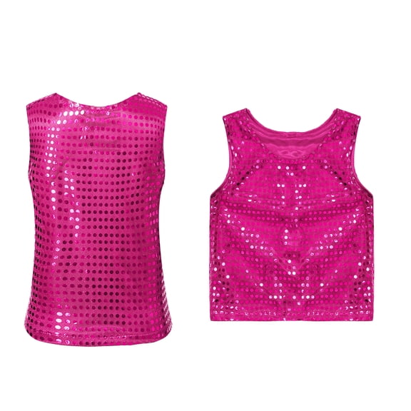 Kids Girls Boys Sequins Glitter Patch Sleeveless Dance Top T-Shirt Latin Jazz Hi Hop Performance Oufits 4-5 Years