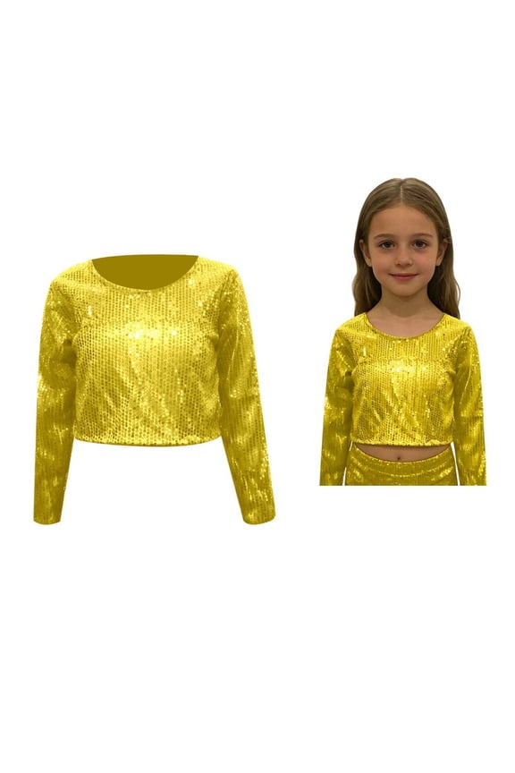 Kids Girls Sequins Glitter Patch Crop Tops Long Sleeve Dance Top T-Shirt Belly Hop Jazz Dance Performance 3-10 Years
