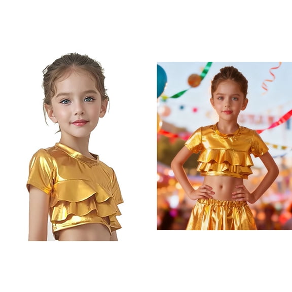 Kids Girls Boys Short Sleeve Crop Top Shiny Metallic Tee Top Belly Hop Jazz Dance Party 3-4 Years