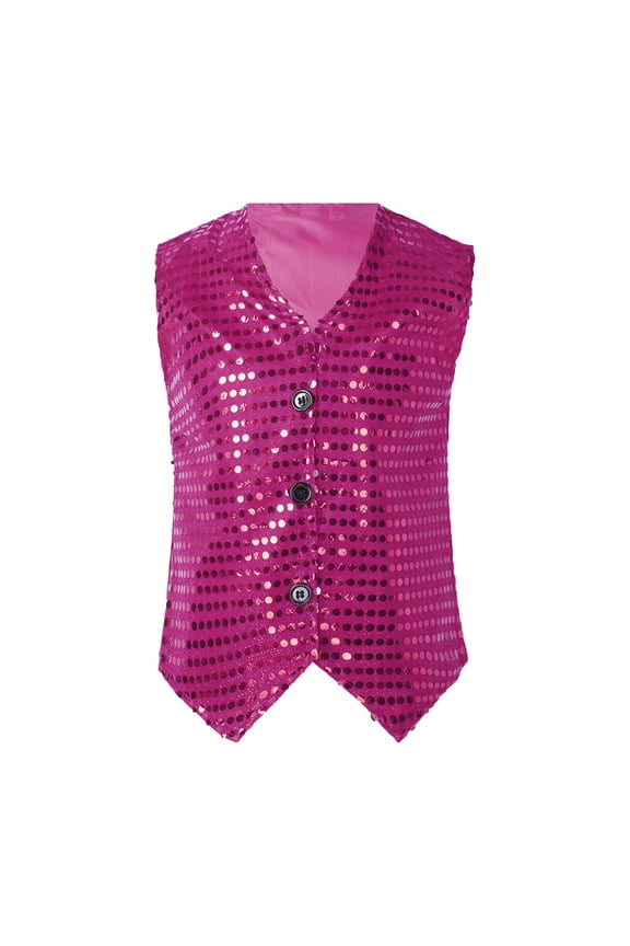 Kids Girls Boys Sleeveless Sequins Vest Tops Waistcoat Jacket Hop Jazz Dance ,10-12 Years,Hot Pink
