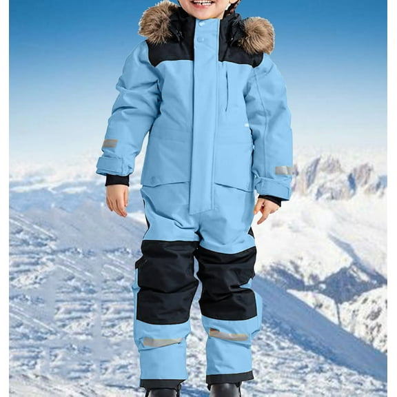 Kids Girls Boys Snowsuits Hooded Winter Outdoor Overalls Snowboarding Ski Suits Colorful Snowsuits Warm Ski Suits Thicken Jacket Winter Jumpsuits 2024 Light Blue 150