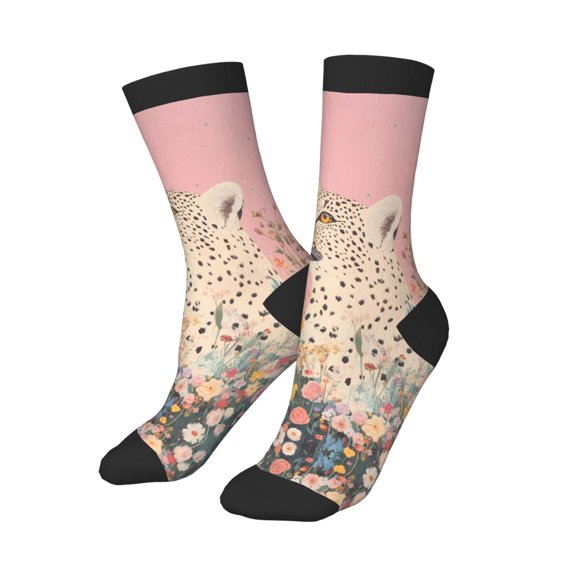 Kids Girls Boys Socks - Cheetah in Floral Pink Comfort Breathable Crew Socks for Boys Girls Kids, Soft Athletic Running Socks for Boys Socks 6-10 Years Old