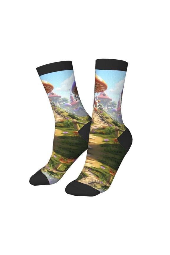 Kids Girls Boys Socks - Cute Mushroom Town Comfort Breathable Crew Socks for Boys Girls Kids, Soft Athletic Running Socks for Boys Socks 6-10 Years Old