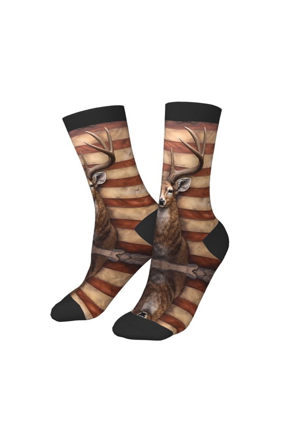 Kids Girls Boys Socks - Deer American Flag Wall Comfort Breathable Crew Socks for Boys Girls Kids, Soft Athletic Running Socks for Boys Socks 6-10 Years Old