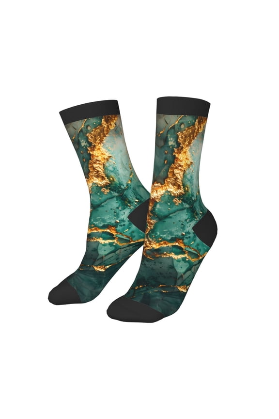 Kids Girls Boys Socks - Emerald Color Gold Marble Comfort Breathable Crew Socks for Boys Girls Kids, Soft Athletic Running Socks for Boys Socks 6-10 Years Old