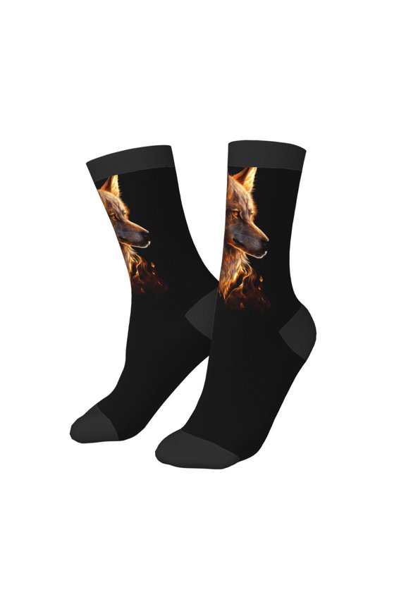 Kids Girls Boys Socks - Gold Flame Pattern Wolf Comfort Breathable Crew Socks for Boys Girls Kids, Soft Athletic Running Socks for Boys Socks 6-10 Years Old