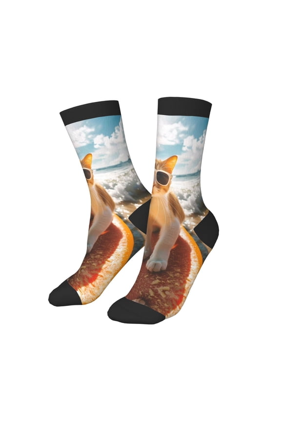 Kids Girls Boys Socks - Surfing Cat Sun Comfort Breathable Crew Socks for Boys Girls Kids, Soft Athletic Running Socks for Boys Socks 6-10 Years Old