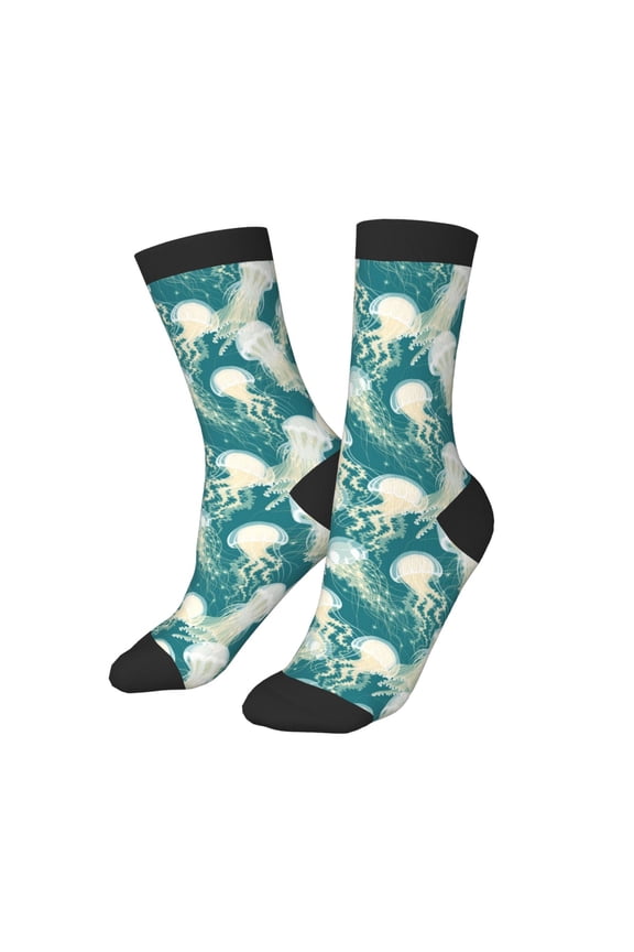 Kids Girls Boys Socks - White Jellyfish Print Green Comfort Breathable Crew Socks for Boys Girls Kids, Soft Athletic Running Socks for Boys Socks 6-10 Years Old