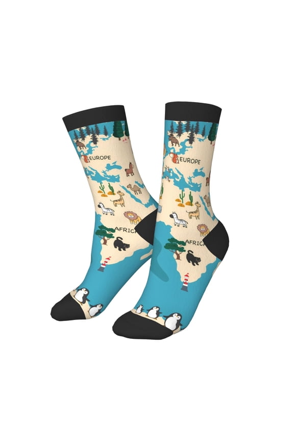 Kids Girls Boys Socks - World Map With Animal Comfort Breathable Crew Socks for Boys Girls Kids, Soft Athletic Running Socks for Boys Socks 6-10 Years Old