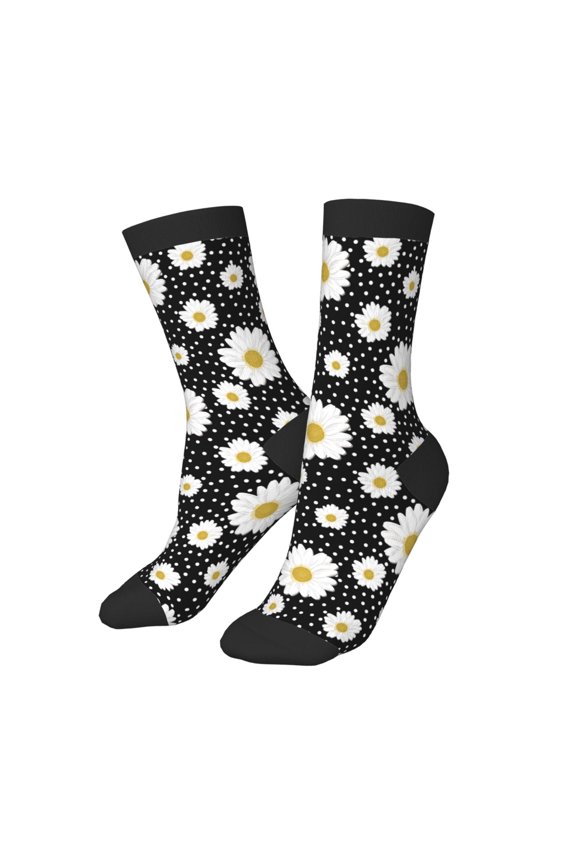 Kids Girls Boys Socks - daisy flowers dotted black Comfort Breathable Crew Socks for Boys Girls Kids, Soft Athletic Running Socks for Boys Socks 6-10 Years Old