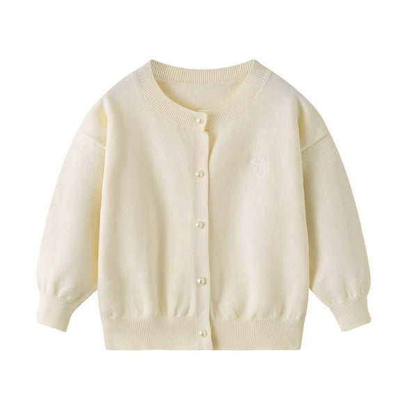 Kids Girls and Boys Solid Color Long Sleeve Sweater with Cute Heart Embroidery and Pearl Buttons, Warm Knit Top for Casual Wear, Photoshoots, and Special Occasions Beige 6-7Years