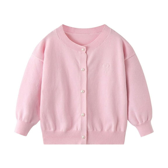 Kids Girls and Boys Solid Color Long Sleeve Sweater with Cute Heart Embroidery and Pearl Buttons, Warm Knit Top for Casual Wear, Photoshoots, and Special Occasions Pink 6-7Years