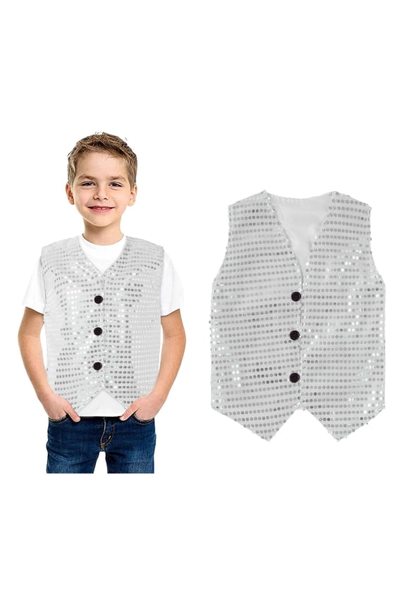 Kids Girls Boys Sparkle Sequined Vest Sleeveless Button Jacket Waistcoat for Cheer Jazz Dance Performing 6-7 Years