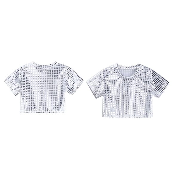 Kids Girls Boys Sparkle Sequins Crop Tops Short Sleeves Tops Blouse Jazz Ballet Stage Performance 3-4 Years
