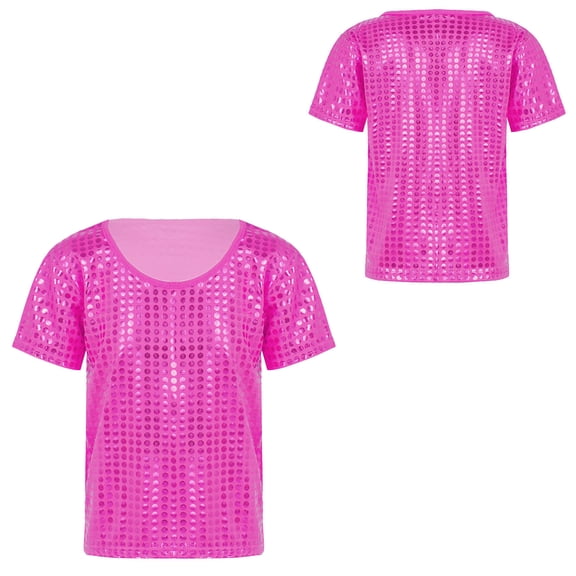 Kids Girls Boys Sparkle Sequins Short Sleeves Dance Top T-Shirt Latin Jazz Hi Hop Performance Dance Oufits 6-7 Years
