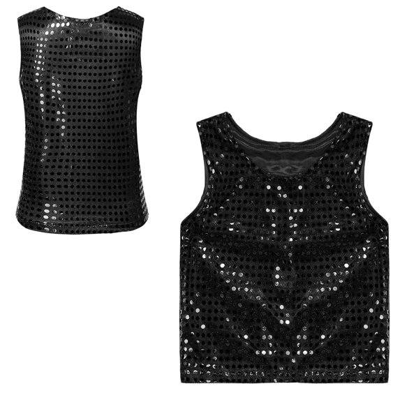 Kids Girls Boys Sparkly Metallic Shiny Sleeveless Tee Shirt Latin Jazz Ballet Dance Party Stage Performance 6-7 Years