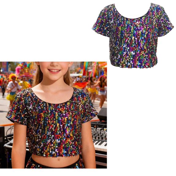 Kids Girls Boys Sparkly Sequin Crop Tops Short Sleeves Y2K Top Latin Jazz Ballet Performance Dance Oufits One Size