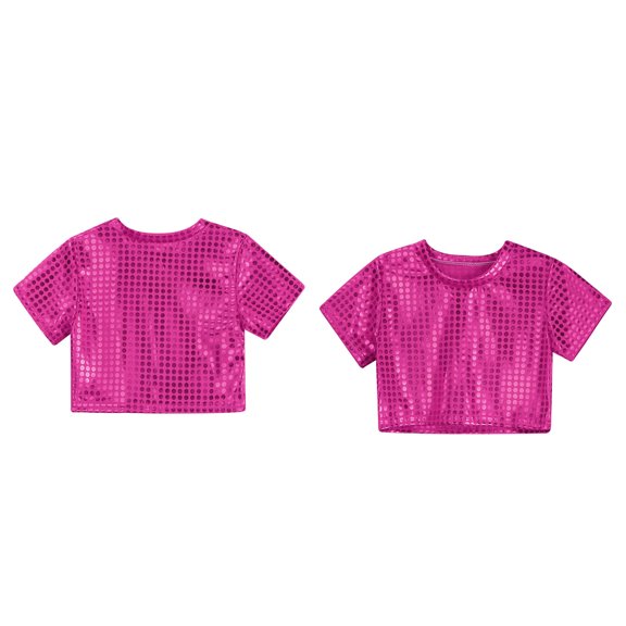 Kids Girls Boys Sparkly Sequin Cropped Top Short Sleeves Y2K Top Belly Hop Jazz Stage Performance 4-5 Years