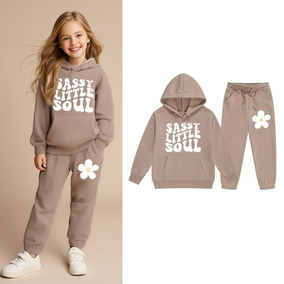 Kids Girls Boys Sweatsuit Set,2 Piece Long Sleeve Khaki Hooded Sweatshirt and Jogger Sweatpants Winter Clothes Hoodie Set 8-9 Years