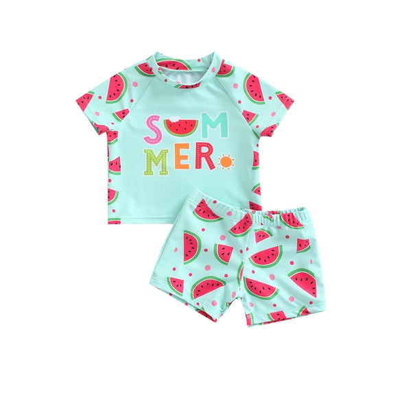 Kids Girls Boys Swimsuit, Watermelon Print Short Sleeve Crew Neck T-shirt with Shorts for Summer Beach Bathing