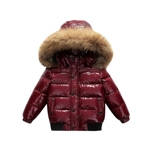Kids Girls Boys Winter Coat Waterproof Jacket Cotton Coat Thick Hooded Down Outdoor Coats Wine 4-5Years