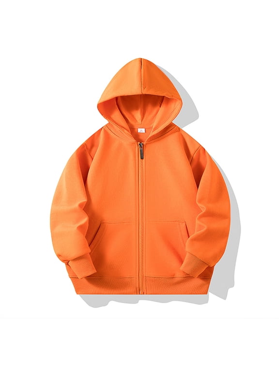 Kids Girls Boys Zipper Hoodie Unisex Fleece Zipper Top Jacket PE School Sweat Hoodie Sports Casual Wear Orange 11-12 Years