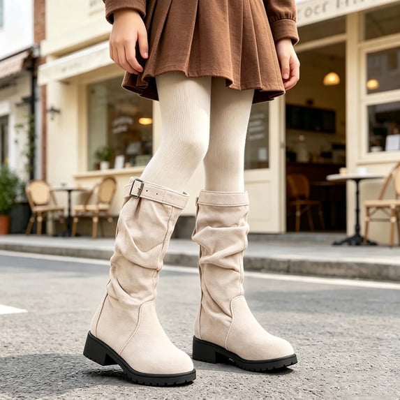 Kids Girls Buckle Decor Knee High Boots, Ruched Long Shaft Non Slip Low Heel Footwear, Stylish Casual Boots for Fall Winter 11 Little Kids