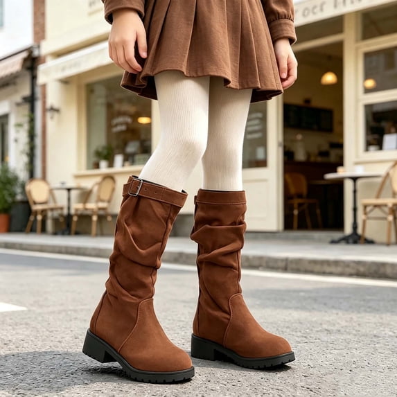 Kids Girls Buckle Decor Knee High Boots, Ruched Long Shaft Non Slip Low Heel Footwear, Stylish Casual Boots for Fall Winter 13.5 Little Kids