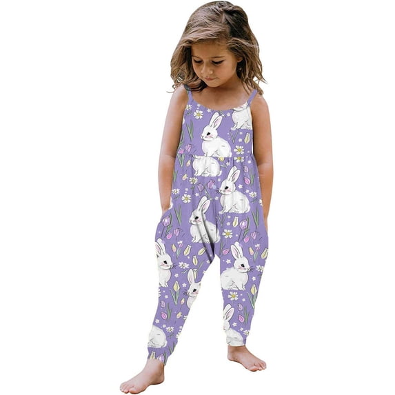 Kids Girls Bunny Print Sleeveless Jumpsuit Easter Romper Purple Harem Soft Stretchy Kids Clothes 2T,Size 2 T