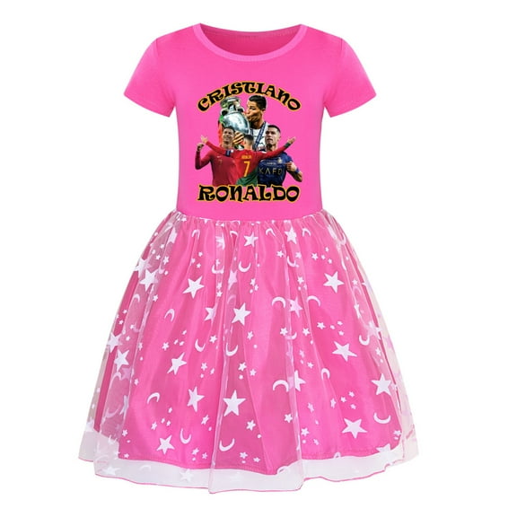 Kids Girls CR7 Cristiano Ronaldo Football Star Cartoon Graphics Printed Costume Casual Tutu Tulle Dress Summer Short Sleeve Playwear Round Neck Rainbow Star Ruffle Skirt Role Play Party Gift 3-9