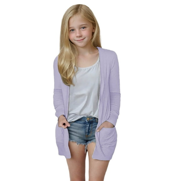 Kids Girls Cardigan Outwear Open Front Casual Long Sleeve Shrugs Fashion Solid Color Lightweight Top with Pockets Purple 11 Years