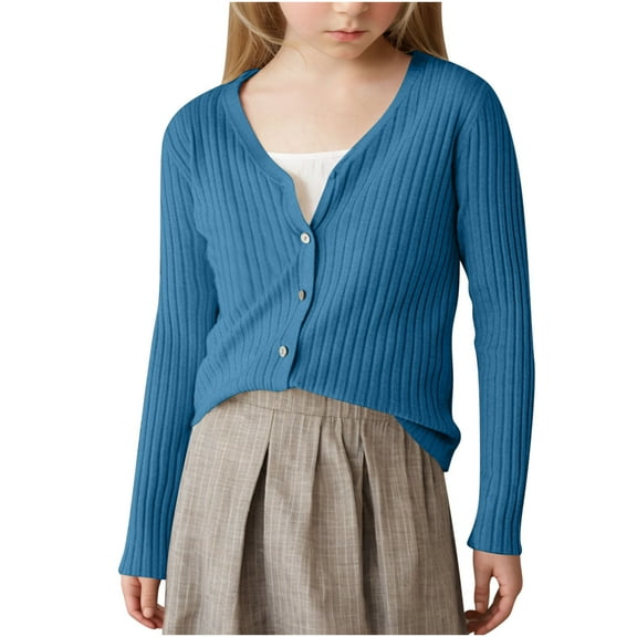 Kids Girls' Cardigans Sweater V-Neck Long Sleeve Button Down Soild Color Knit Sweaters Casual Soft School Uniform Outwear for 6-15 Years