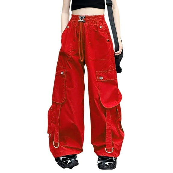 Kids Girls Cargo Pants Drawstring Waist Casual Baggy Cargo Pants with Pocket Loose Fit Cargo Trousers Girls Clothes Size 8-9 Years