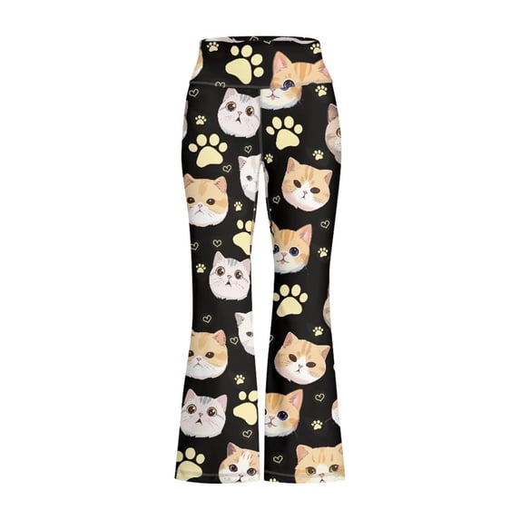 Kids Girls Cartoon Cat Print Flare Pants Kids High Waist Slim Fit Stretch Micro Flare Sports Leggings Soft Elastic Casual Trousers for Girls Daily Wear(Black1,3-4 Years)