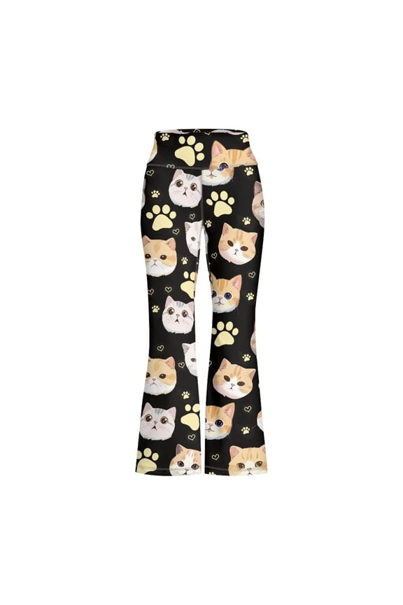 Kids Girls Cartoon Cat Print Flare Pants Kids High Waist Slim Fit Stretch Micro Flare Sports Leggings Soft Elastic Casual Trousers for Girls Daily Wear(Black1,7-8 Years)
