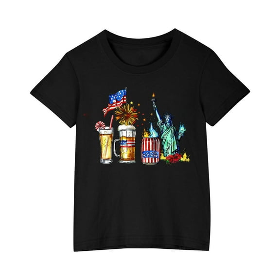 Kids Girls Casual American Flag Tshirts Cotton Tee Shirts Independence Day Patriotic Graphic Tees Summer Cute T-Shirts Black, 7 Years