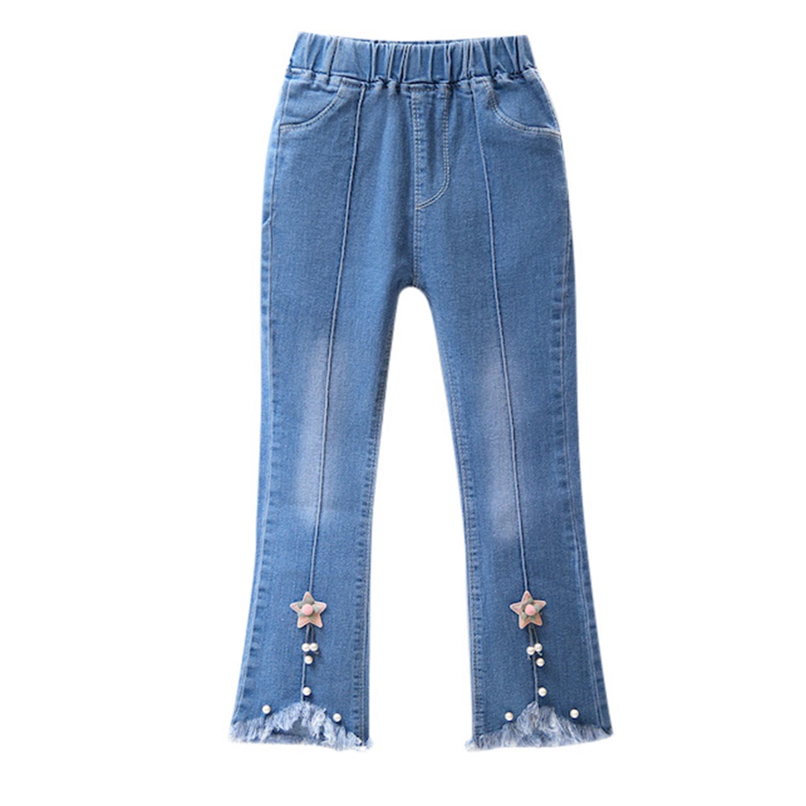 NABER Girls' Baggy Wide Leg Denim Pants - Elastic Waist Casual Jeans, Blue, Size 12-13 Years