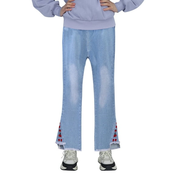 Kids Girls Casual Jeans Elastic Waist Denim Wide Leg Pants Trousers