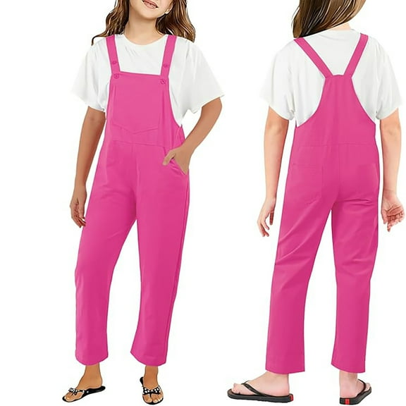 Kids Girls Casual Jumpsuit Pink Rompers Adjustable Jumpsuits Cute Long Pants with Pockets Girls Clothing Size 7-8 Years