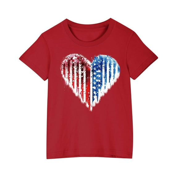 Kids Girls Casual Patriotic Tshirts Boys Cotton Tee Shirts Girls Independence Day American Flag Graphic Tees Red, 7 Years