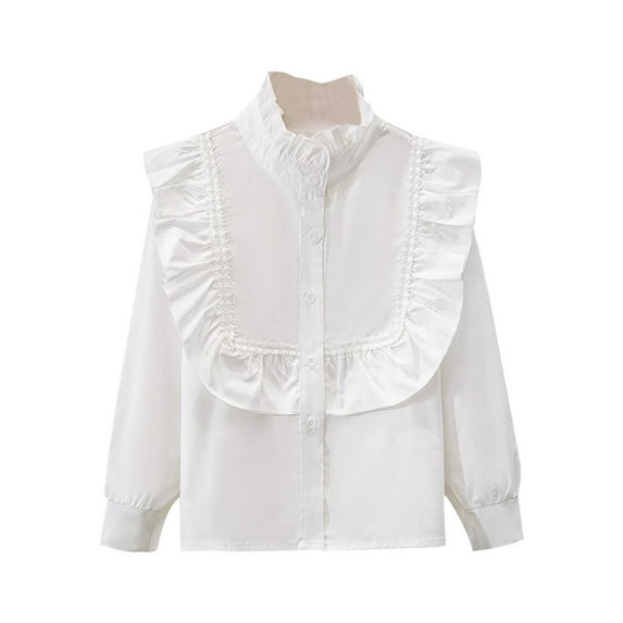 Kids Girls Casual Ruffle Lace Cuffs Long Sleeve Stand-Up Collar Shirt Vintage Victorian Lotus Blouse Tops 7-8 Years White