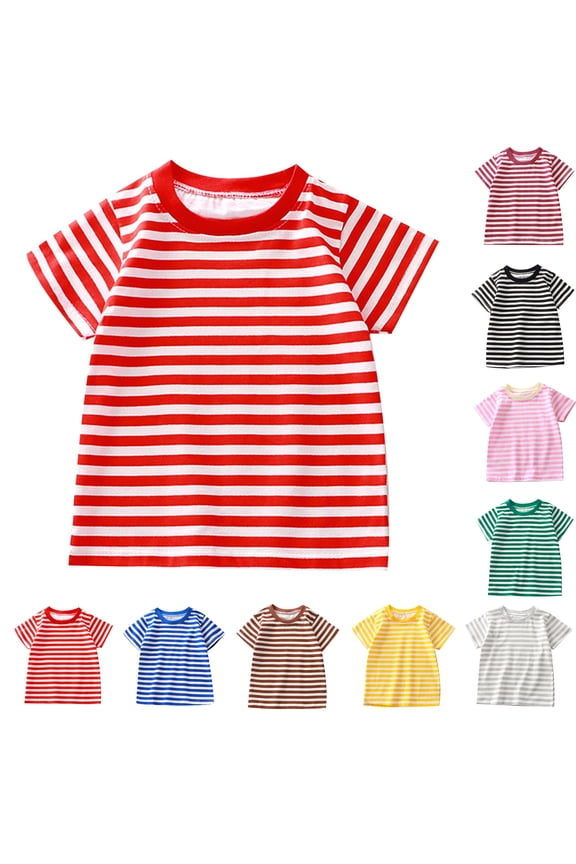 Kids Girls Casual Striped Breathable Short Sleeve Spring Crew Neck Shirts Blue 90
