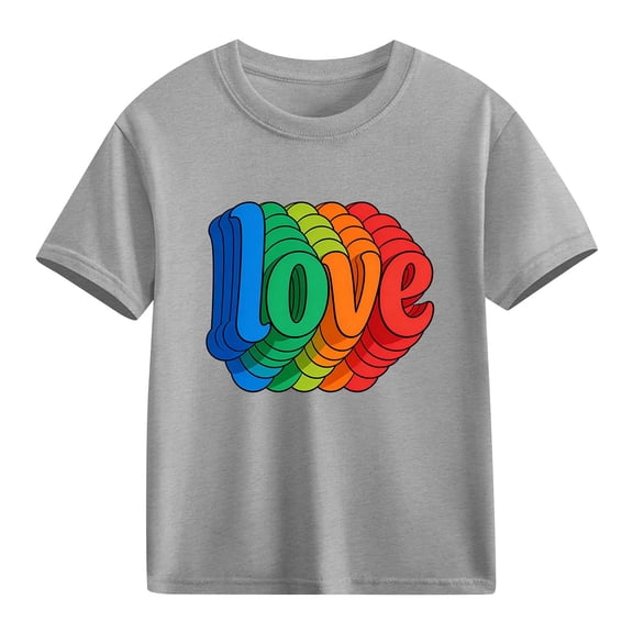 Kids Girls Casual T-Shirt | Love Graphic Tee 100% Cotton Short Sleeve | Soft Rainbow Print Top for Age 4-12 in Gray,Size 4 T