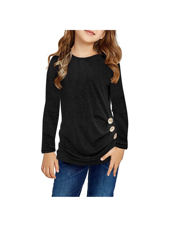 Kids Girls Casual Tunic Tops Knot Front Button Long Sleeve Casual Loose Blouse T-Shirt Tee Toddler Cat Shirt Toddler Outfits with Bow Girls Athletic Shirts Toddler Ruffle Outfits for Girls