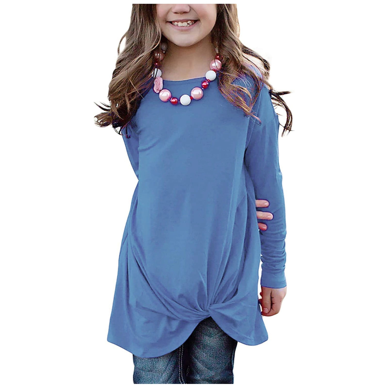 Kids Girls Casual Tunic Tops Knot Front Long Sleeve Blouse TShirt Tee