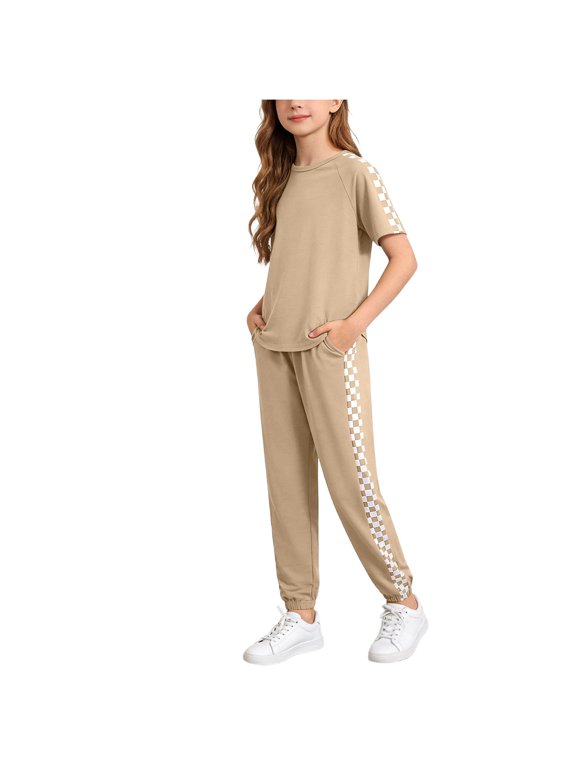 Kids Girls Checkered Athletic Sets Short Sleeve Crew Neck Tee Tops Jogger Pants Soft Breathable Casual Outfit for Summer Brown