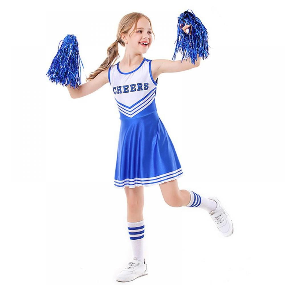 Kids Girls Cheerleading Costume Outfit One Piece School Cheerleader Uniform  Dress with Stockings 2 Pom Poms 
